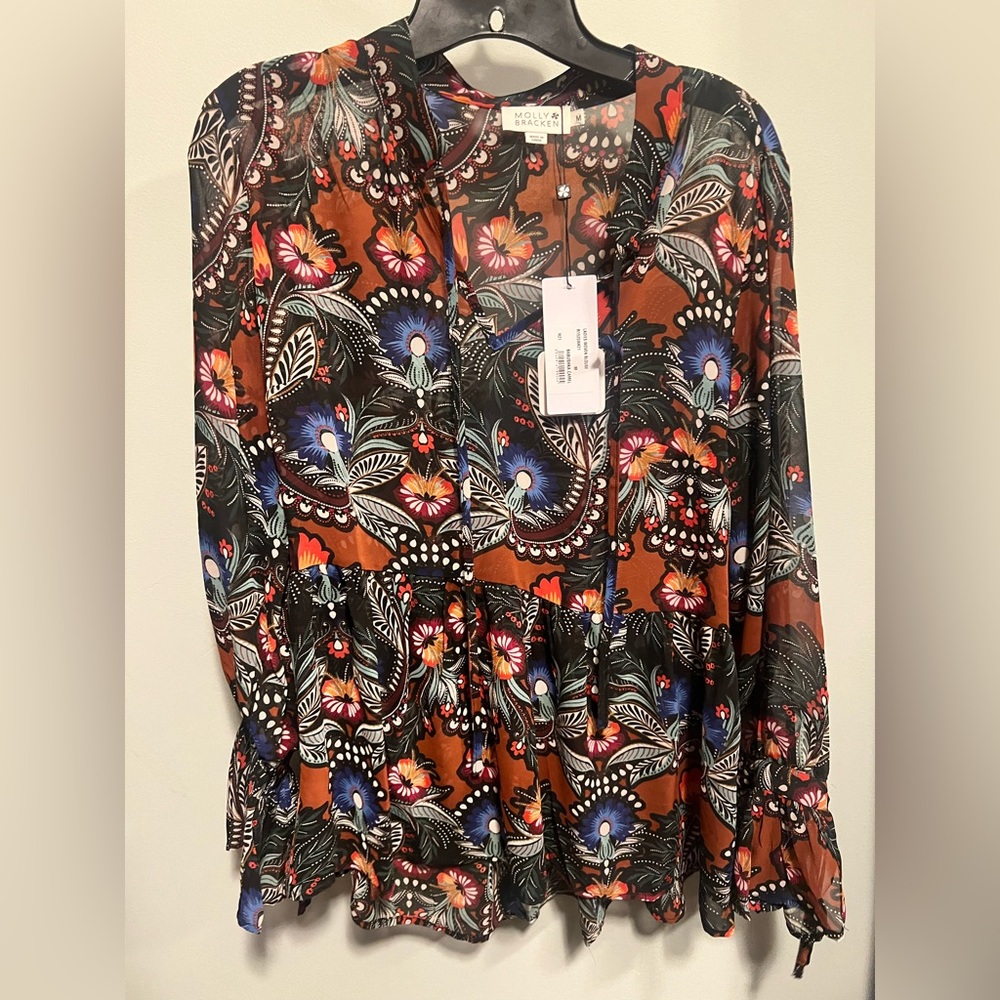 Molly Bracken NWT Colorful Floral Paisley Print Peplum Blouse Size M